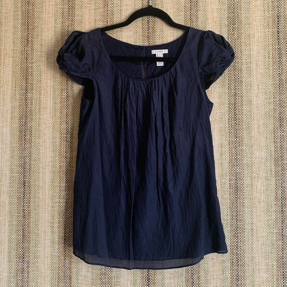 J Crew Blue Top Blouse Shirt Sleeve Silk Cotton Womens Size 0 Formal